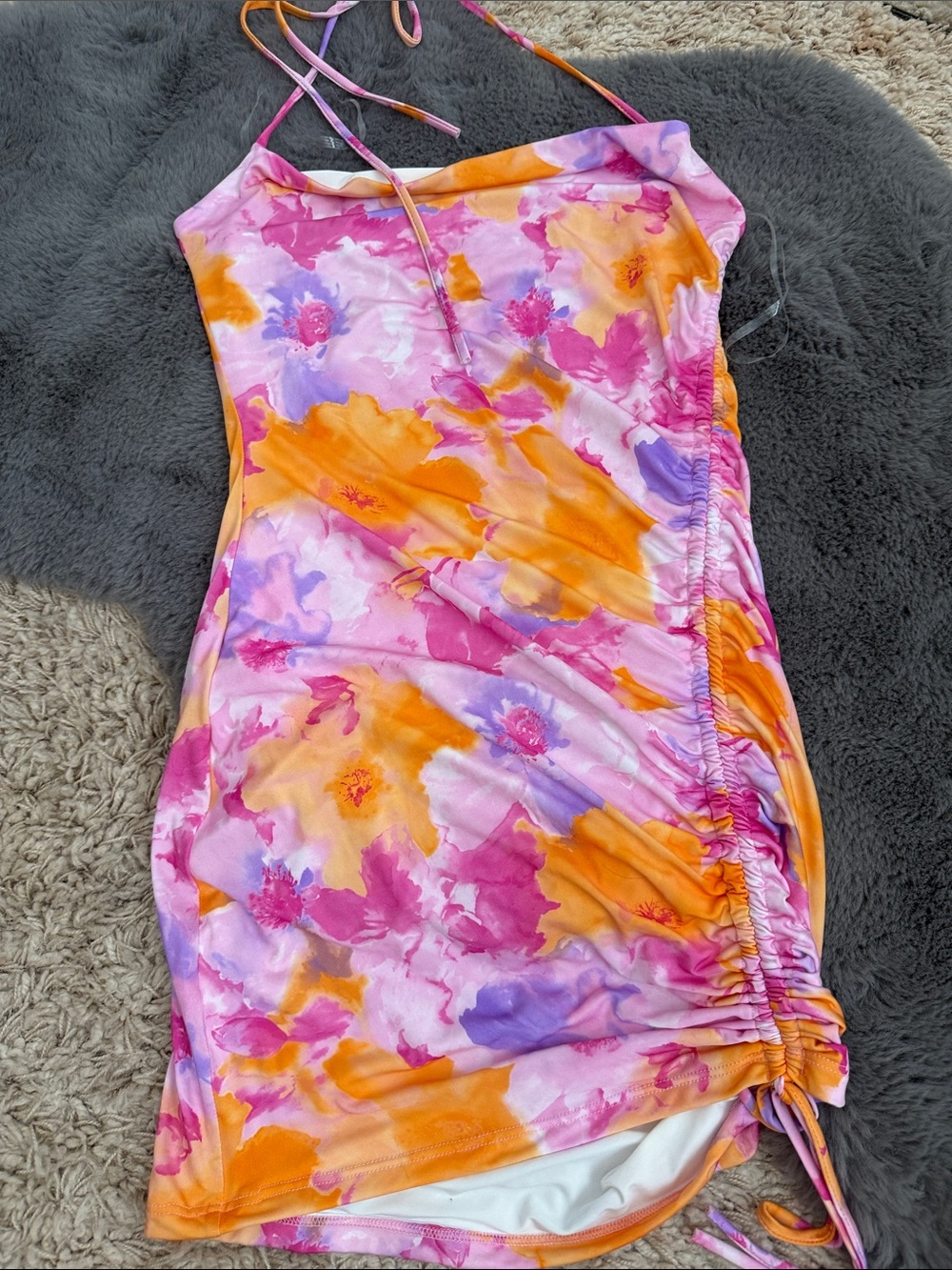 Floral Tie-Dye Ruched Mini Dress in Pink, Orange & Purple